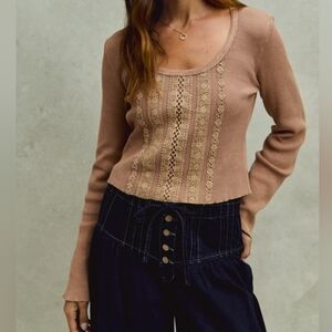SO ME Vintage Washed Lace Crop Thermal Tan Long Sleeve Knit Top Sz S M L XL